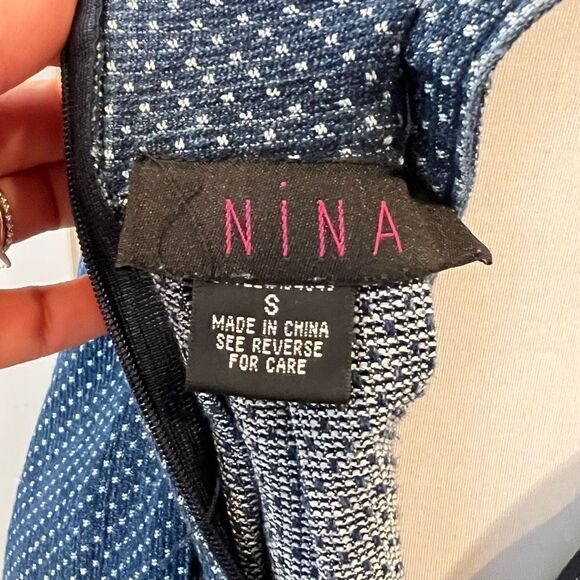 Nina Women’s Small Blue White Plunge Criss Cross Open Back Midi Dress - Picture 12 of 14